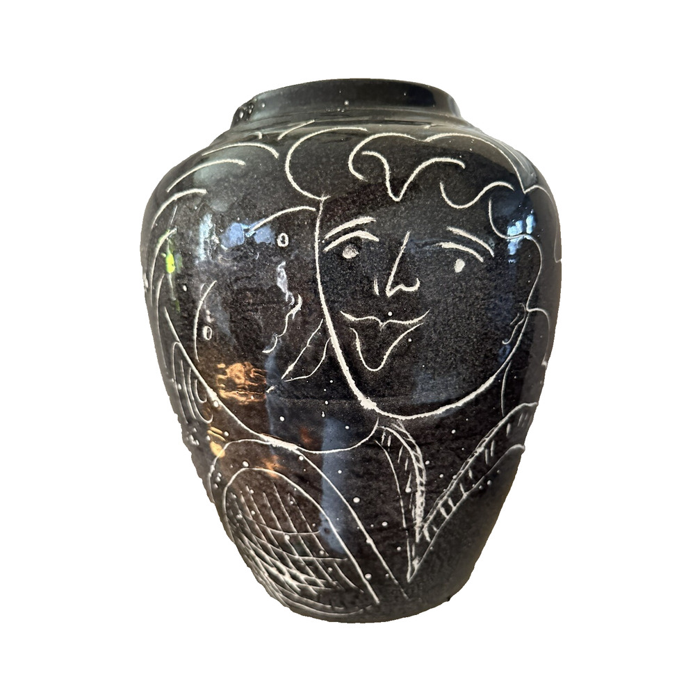 Vintage Vase THE KISS, Signed By The Artist 1991, PETERS, Faces Black Gray Glaze